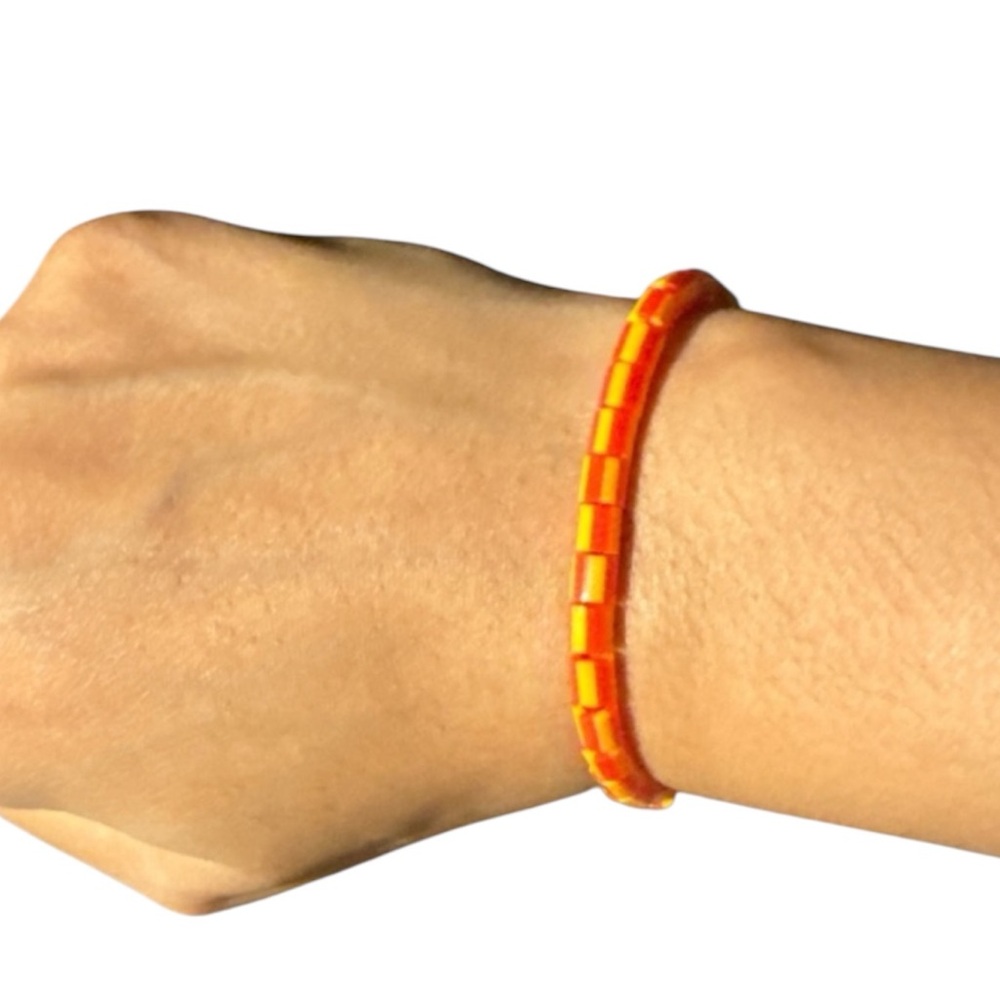 3 FOR $20 HANDCRAFTED Red & Orange Striped Fuse Beaded Stretch Bracelet